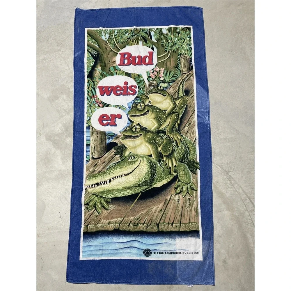 Vintage 1998 Budweiser Frogs Beach Pool Towel Beer Retro 100% Cotton Rare